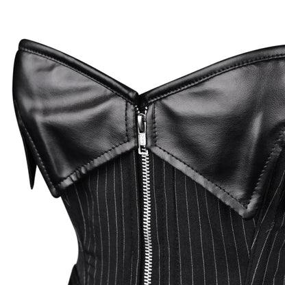 Black Pinstripe & Faux Leather Zip Corset