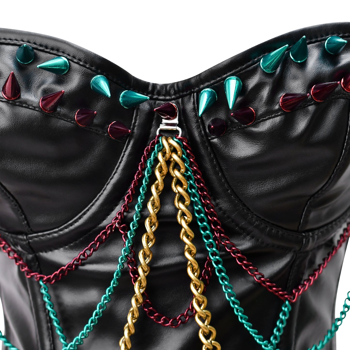 Steampunk steel boned faux leather bustier with bullet spikes, offering waist reduction and back support, perfect for creating a flattering silhouette.