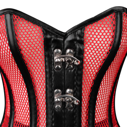 Red Mesh & Black Leather Steel-Busks Corset