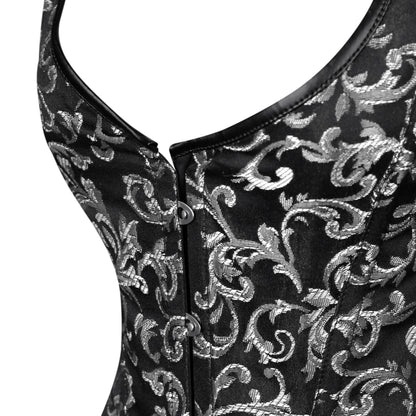 Black & Silver Brocade Corset with Shoulder Straps