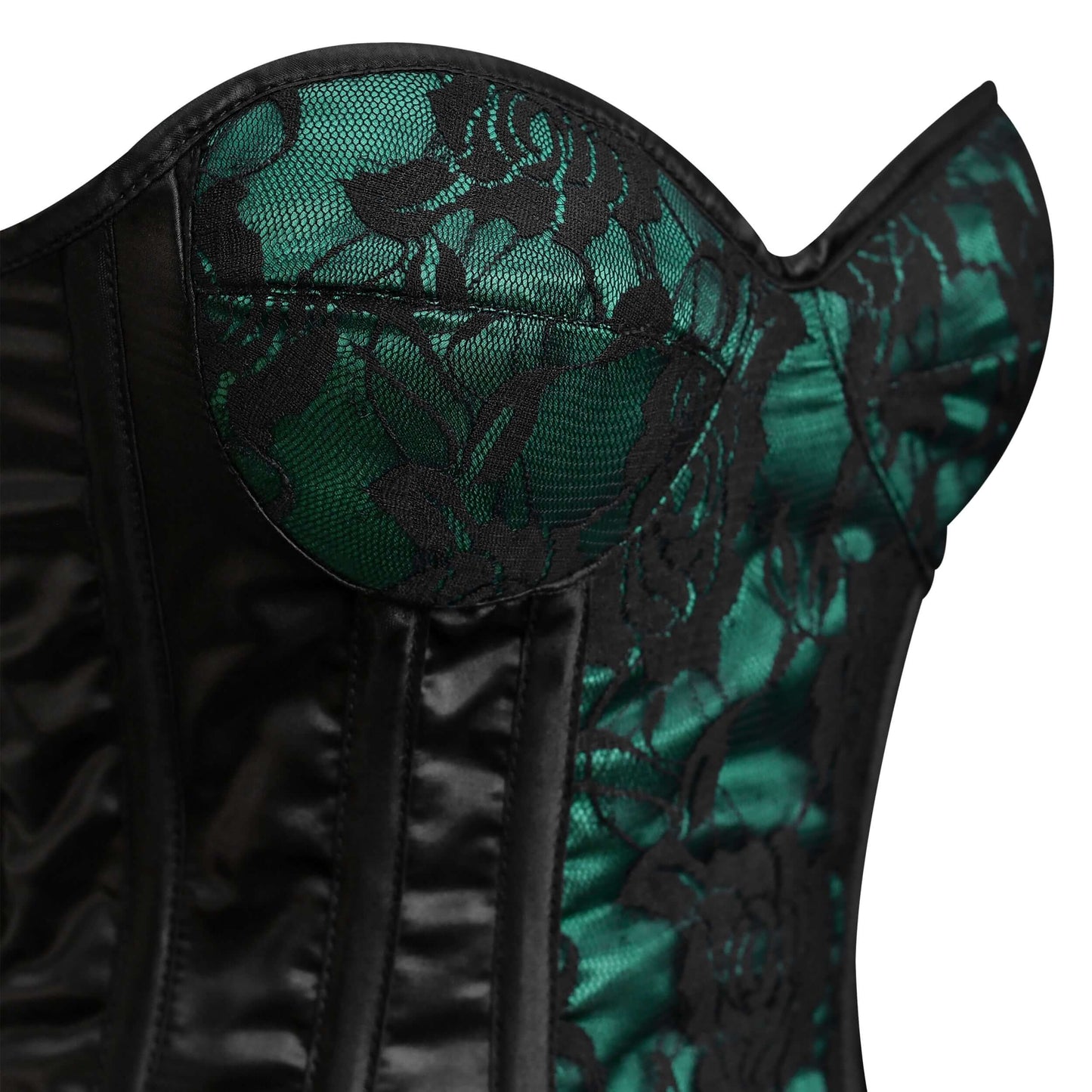 Handmade Green Black Satin Floral Lace Steel Boned Zipper Overbust Corset