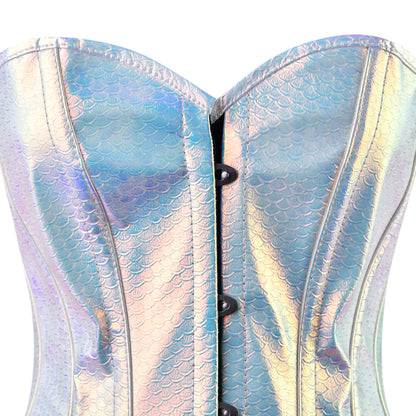 Iridescent Mermaid-Scale Overbust Corset (Silver-Blue Holo)