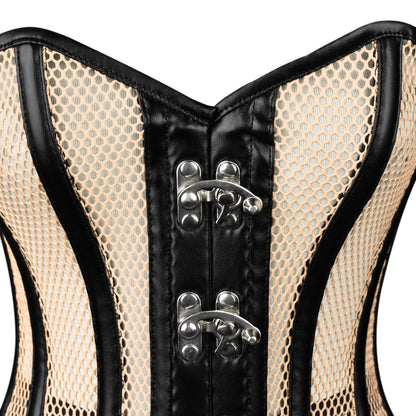 Nude Mesh & Black Leather Steel-Busks Corset