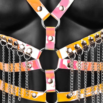 Yellow Iridescent Leather Harness with Chain Fringe