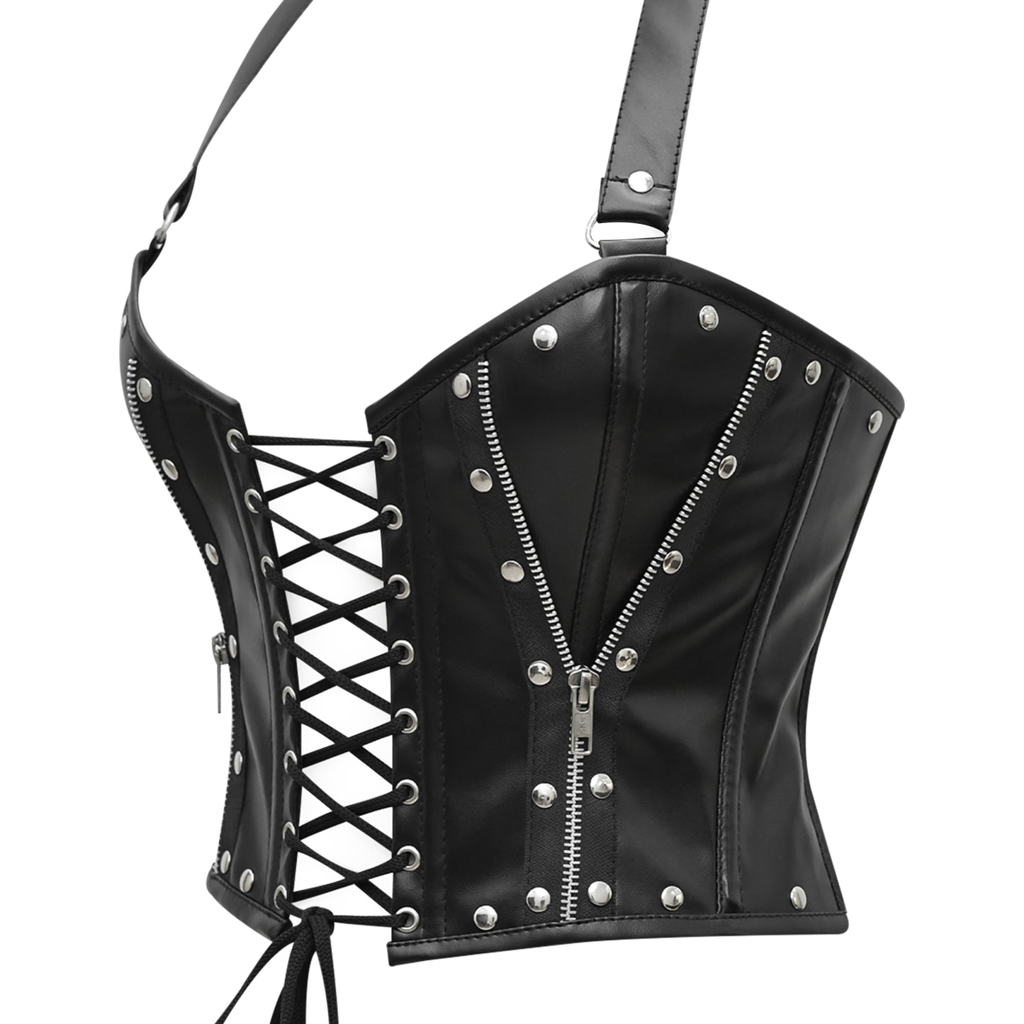 Black Real Leather Steel Boned Bustier Top corset w/ Halter Strap
