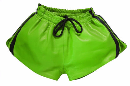 Men Green Real Leather Shorts w/ Elastic Band