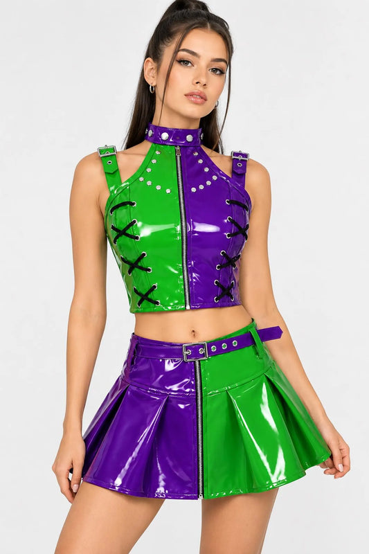 Joker Jester PVC Corset with Pleated Skirt & Strap Detail Set