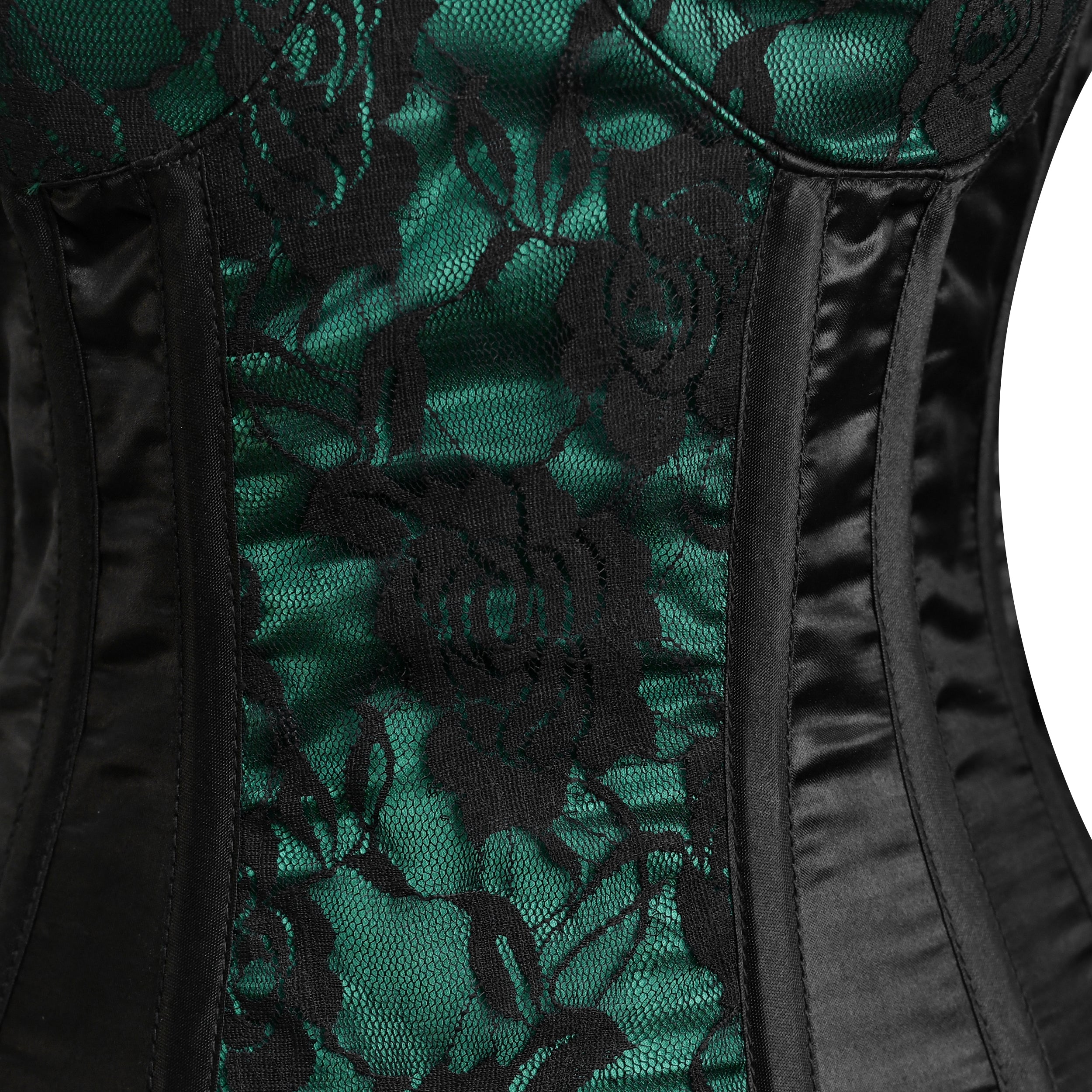 Green Satin Steel Boned Over bust corset Top w/ Flower Lace Overlay