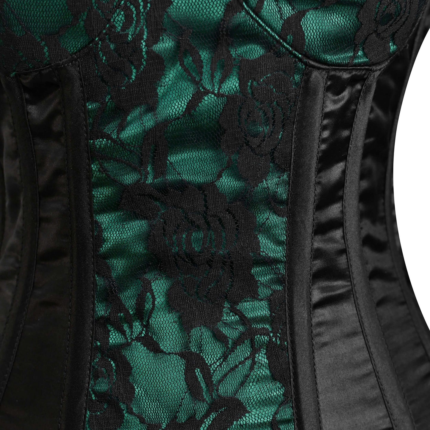 Handmade Green Black Satin Floral Lace Steel Boned Zipper Overbust Corset