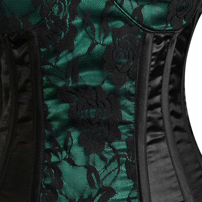 Handmade Green Black Satin Floral Lace Steel Boned Zipper Overbust Corset