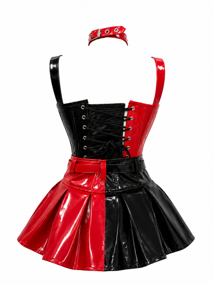 Harley Quinn Black Red PVC Corset with Pleated Skirt & Strap Detail Set