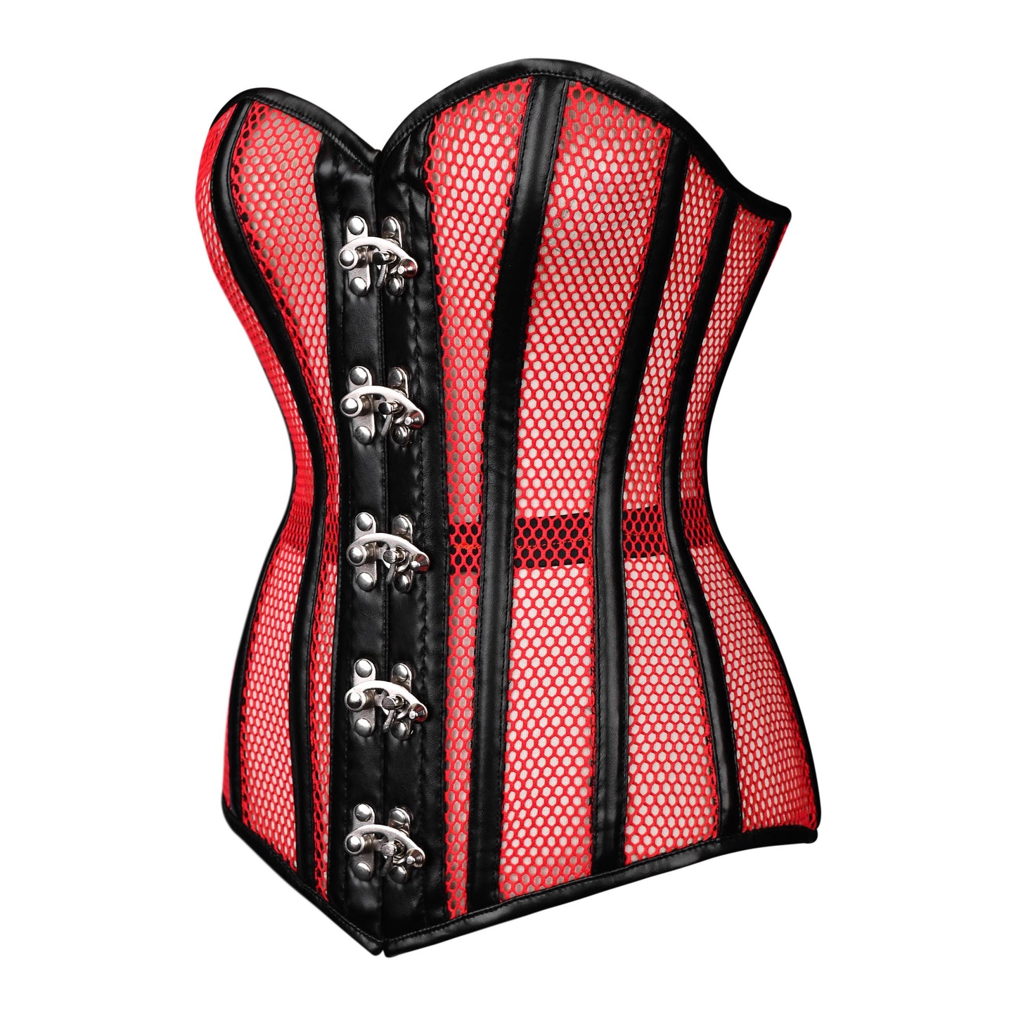 Red Mesh & Black Leather Steel-Busks Corset