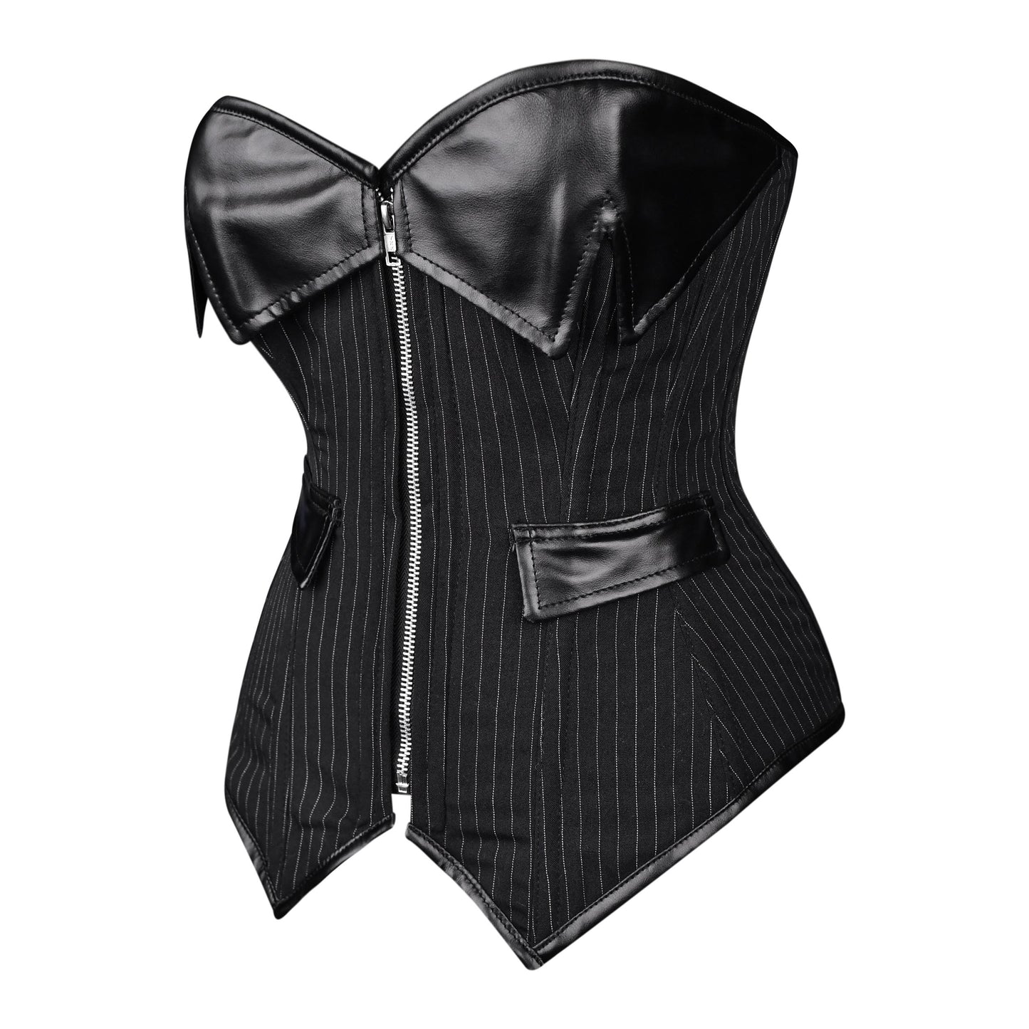 Black Pinstripe & Faux Leather Zip Corset