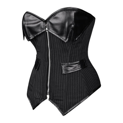 Black Pinstripe & Faux Leather Zip Corset