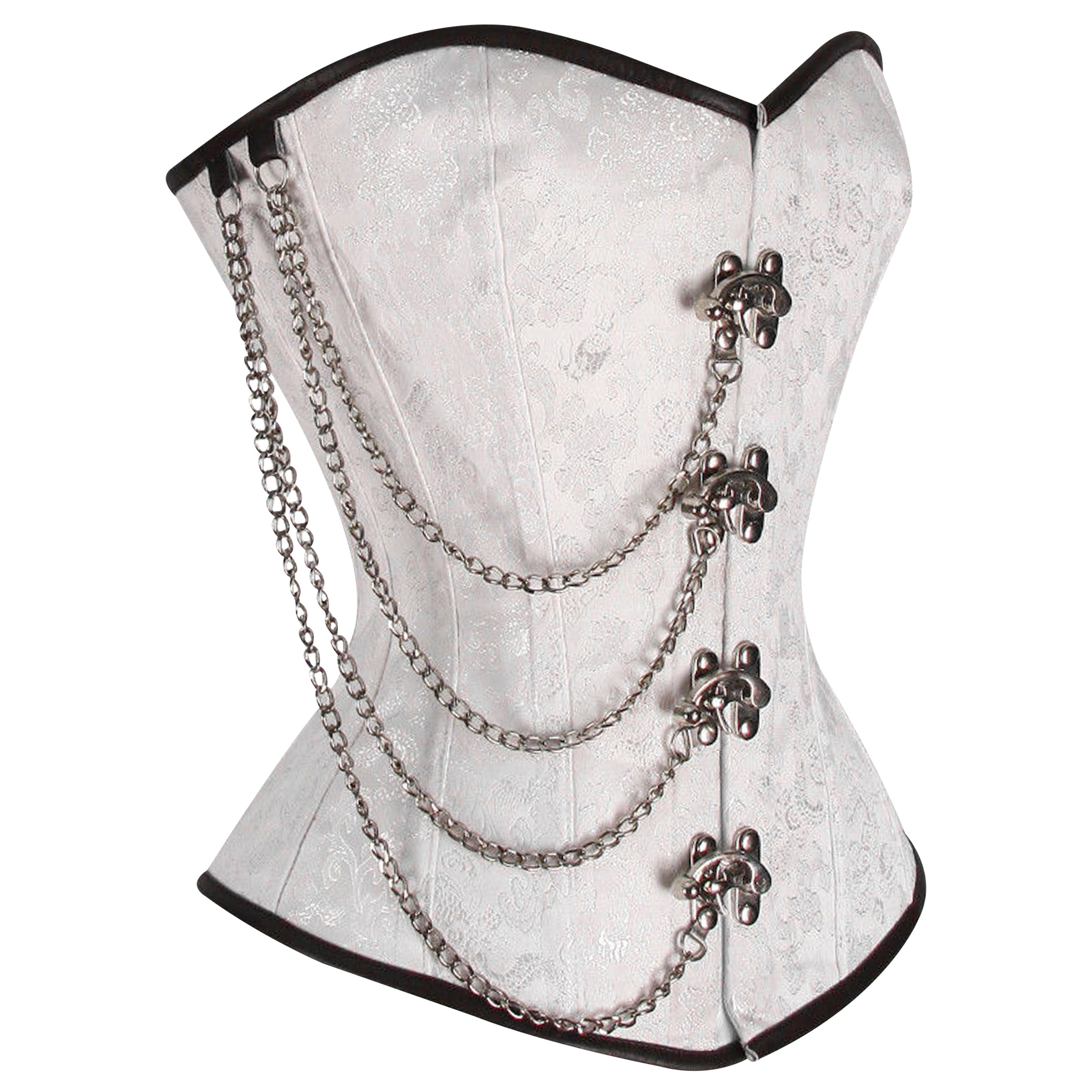 Steel Boned White Brocade Overbust corset w/ Front Clasps and Chains