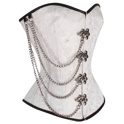 Steel Boned White Brocade Overbust corset w/ Front Clasps and Chains