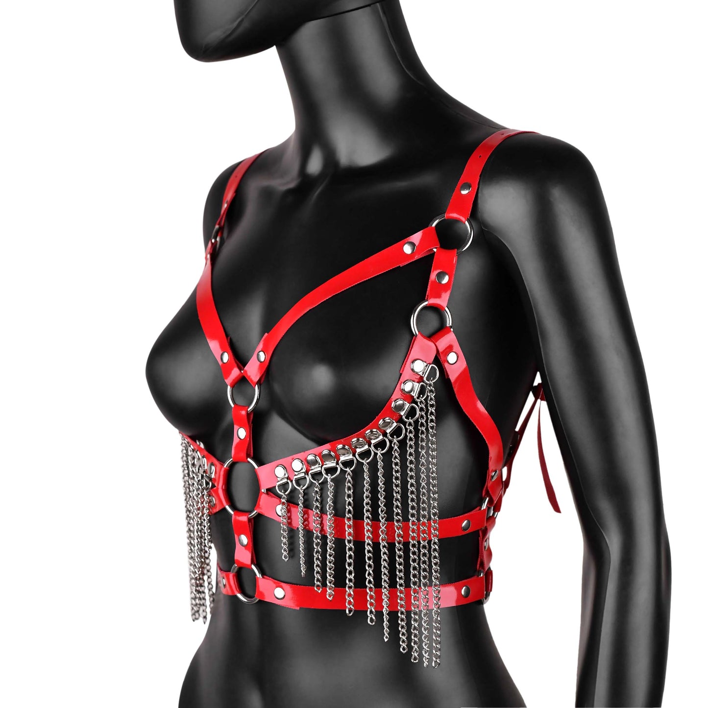 Red Leather Harness with Chain Fringe