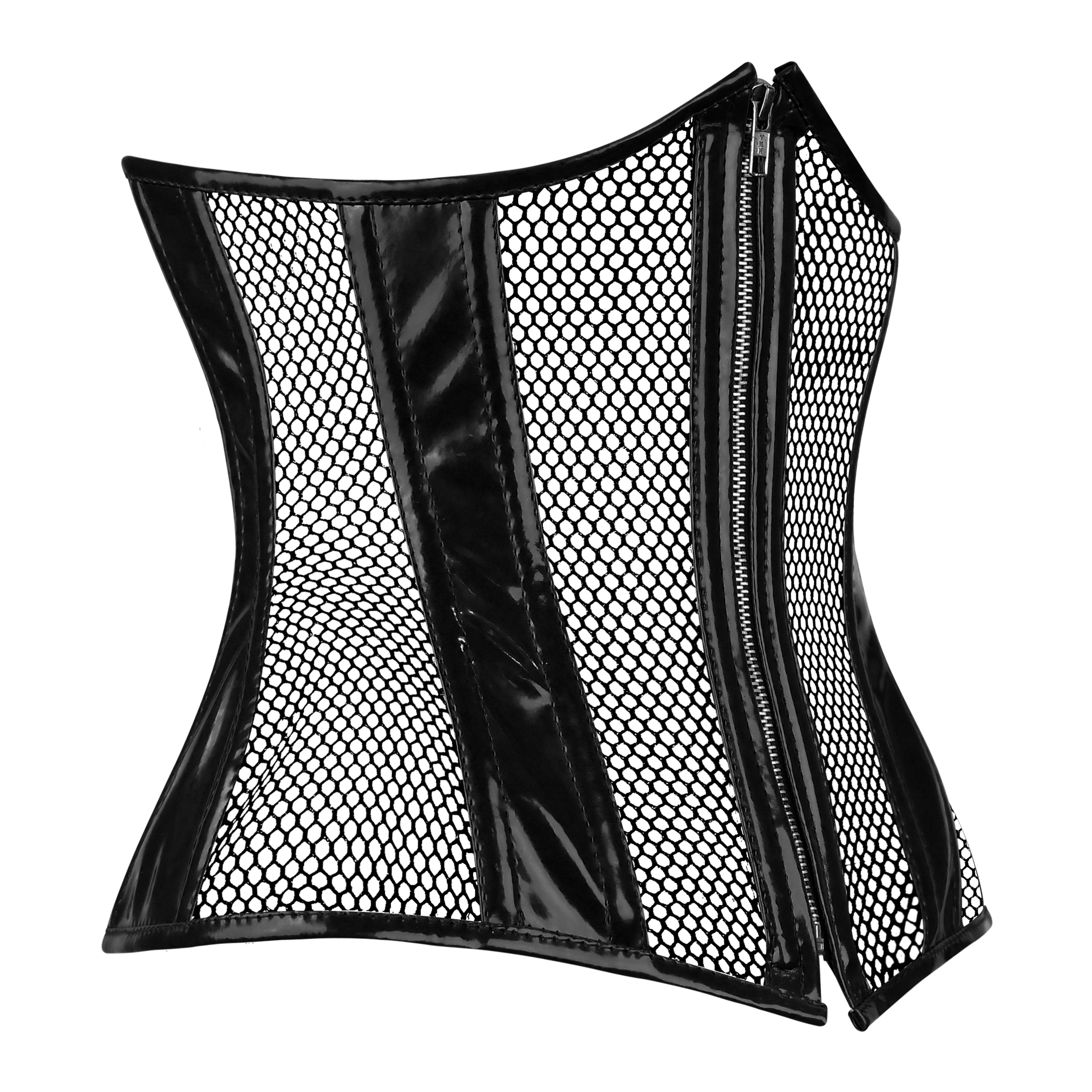 Black PVC Corset -Under bust Steel Boned w/ Fishnet
