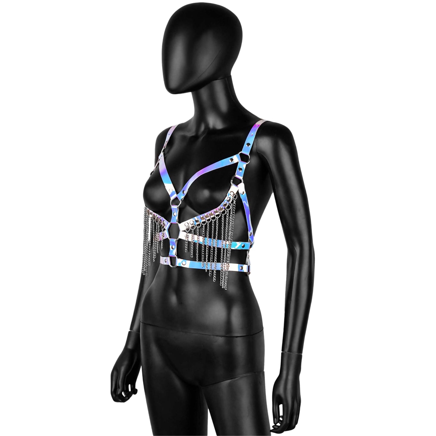Holographic Leather Harness with Chain Fringe