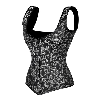 Black & Silver Brocade Corset with Shoulder Straps