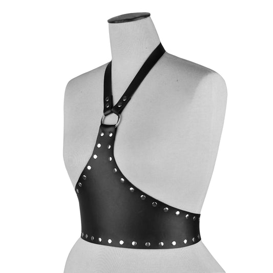 Black Studded Leather Halter Harness Top