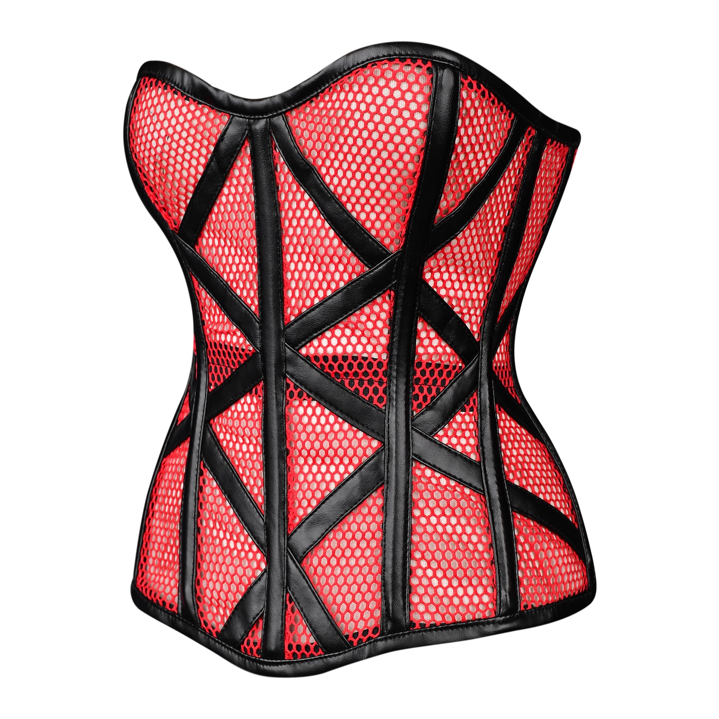 Red Mesh Cage Corset with Black Leather Straps