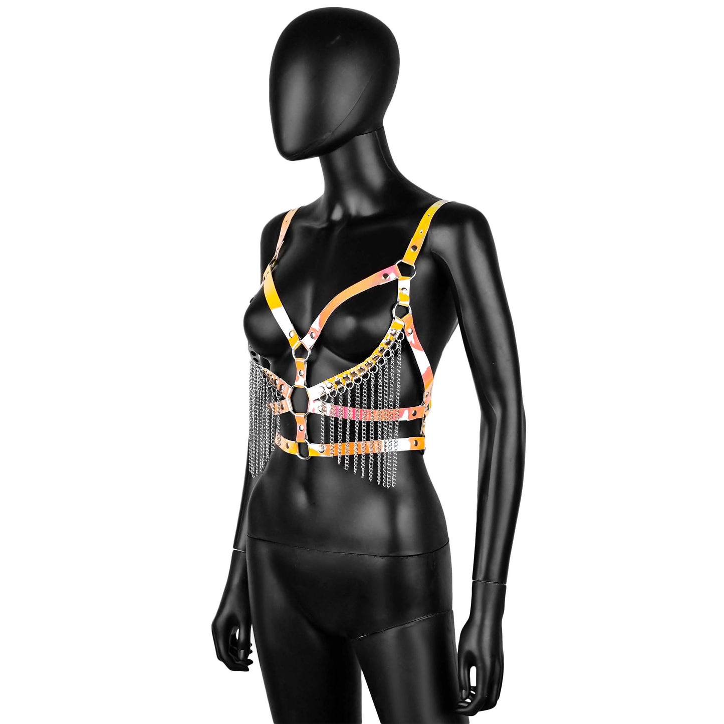 Yellow Iridescent Leather Harness with Chain Fringe