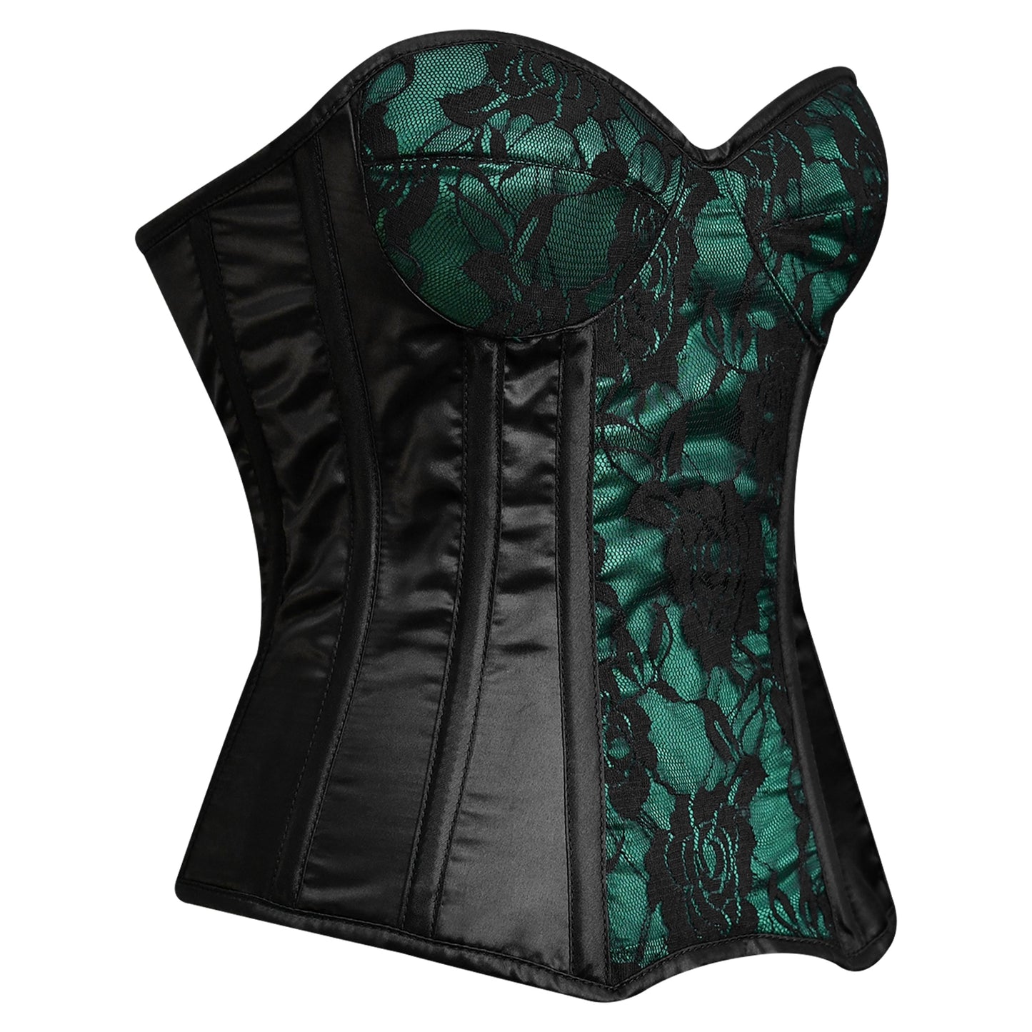 Handmade Green Black Satin Floral Lace Steel Boned Zipper Overbust Corset