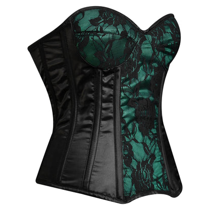 Handmade Green Black Satin Floral Lace Steel Boned Zipper Overbust Corset