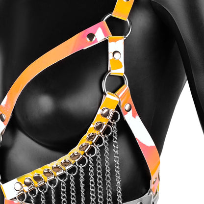 Yellow Iridescent Leather Harness with Chain Fringe