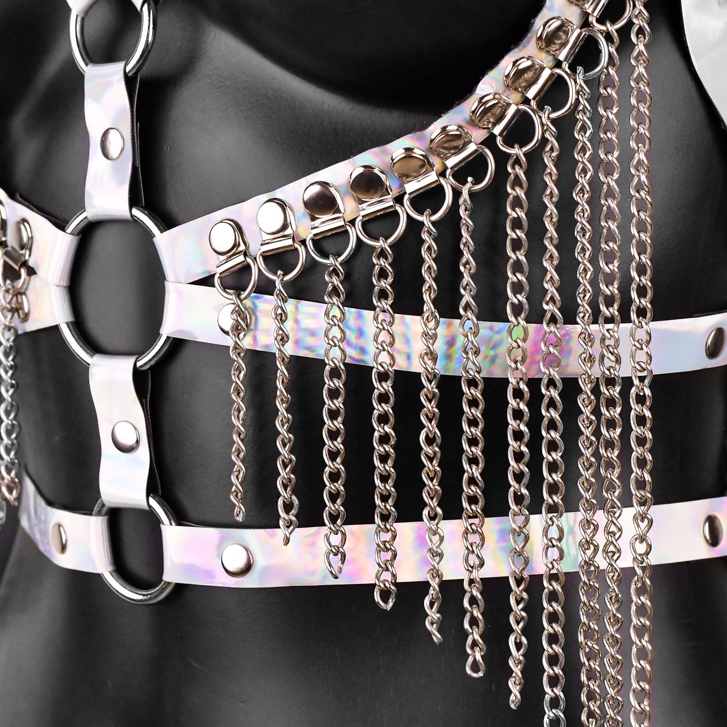 White Iridescent Leather Harness with Chain Fringe