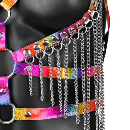 Rainbow Leather Harness with Chain Fringe