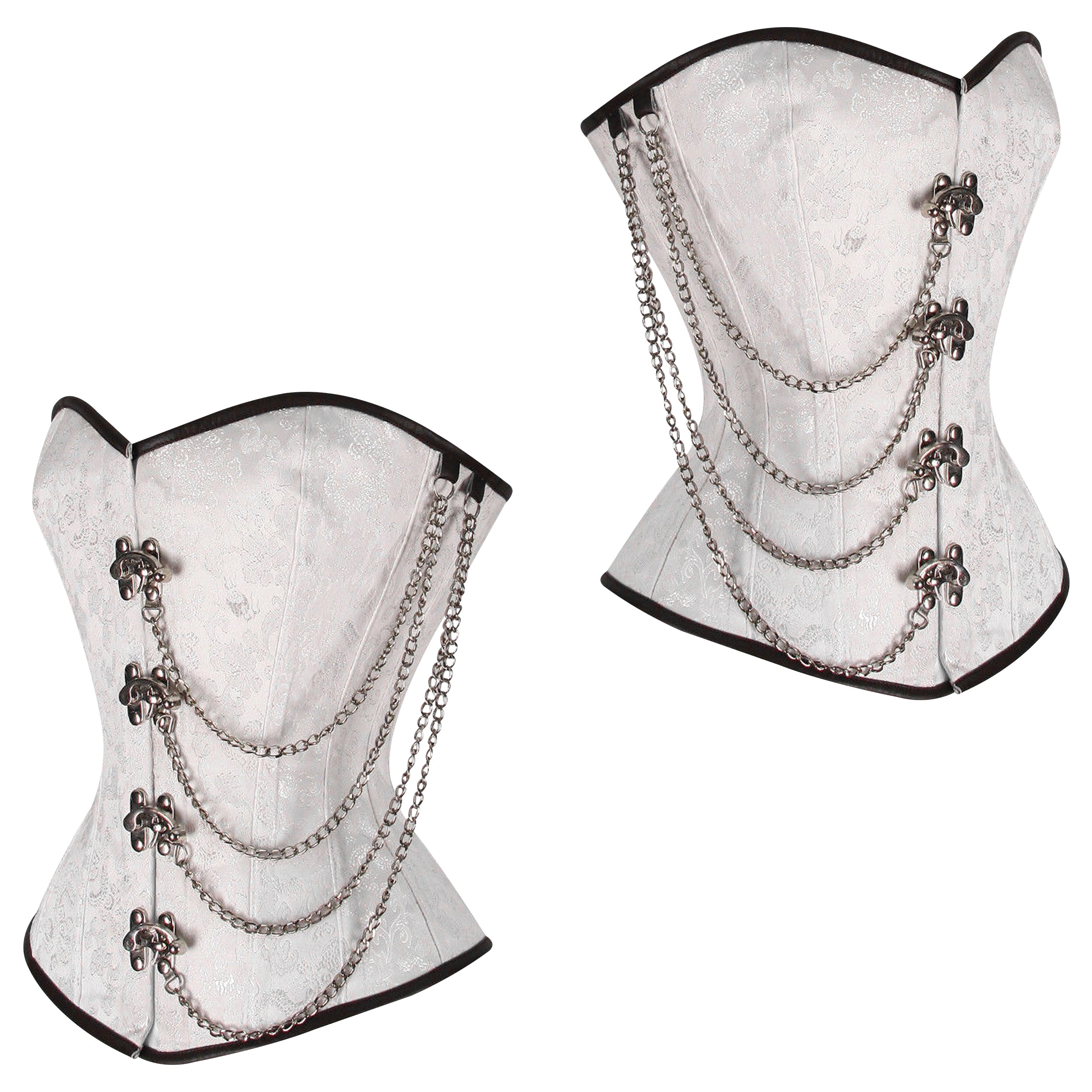 Steel Boned White Brocade Overbust corset w/ Front Clasps and Chains