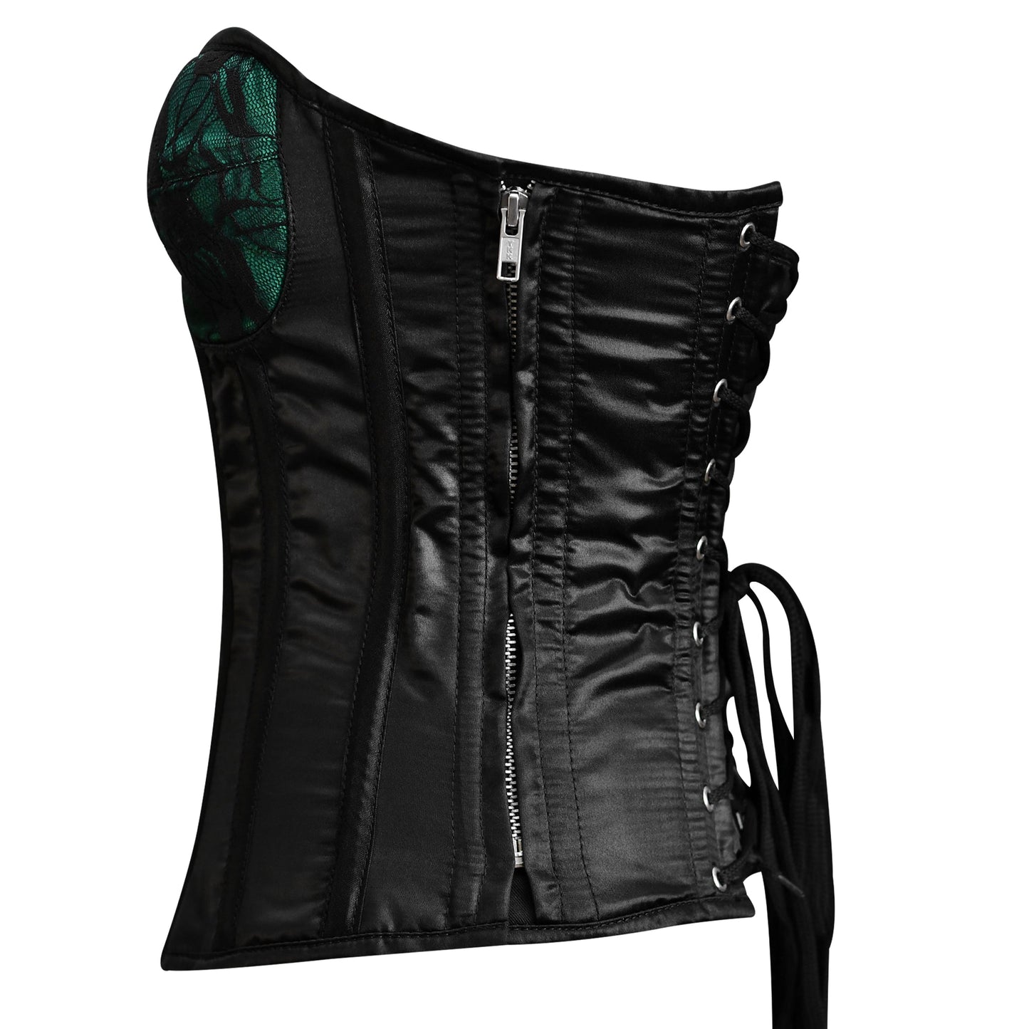 Handmade Green Black Satin Floral Lace Steel Boned Zipper Overbust Corset