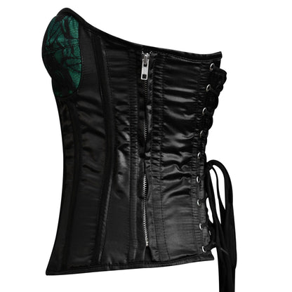 Handmade Green Black Satin Floral Lace Steel Boned Zipper Overbust Corset