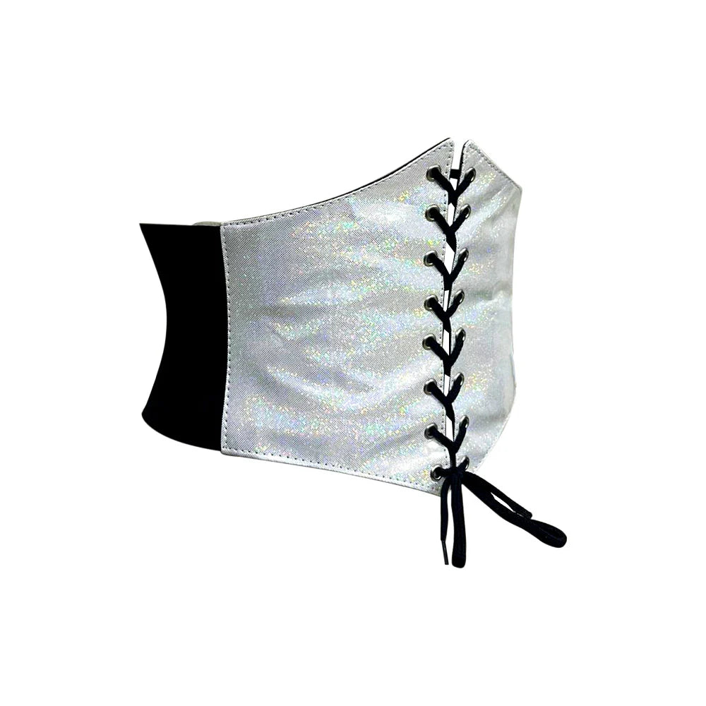 Side view of the Silver Corset Belt - Short Torso Waist Trainer, featuring adjustable lace-up closure and durable elastic for superior support and a flattering silhouette.
