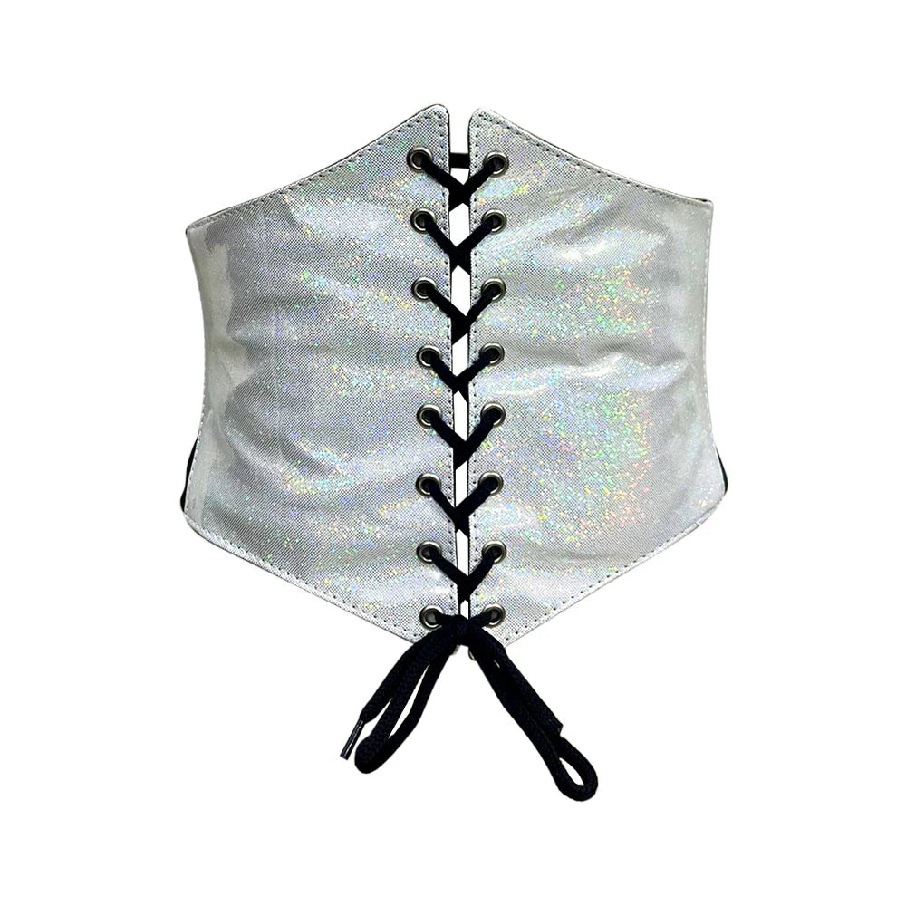 Front view of the Silver Corset Belt - Short Torso Waist Trainer, made with glitter PVC and elastic, showcasing strong polyester laces and button closure.