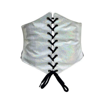 Front view of the Silver Corset Belt - Short Torso Waist Trainer, made with glitter PVC and elastic, showcasing strong polyester laces and button closure.