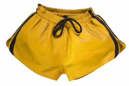Men Yellow Real Leather Shorts w/ Elastic Band