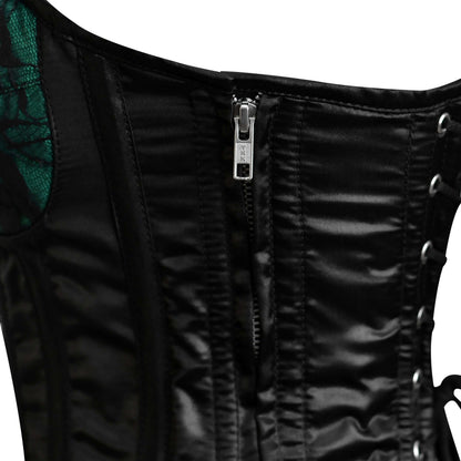 Handmade Green Black Satin Floral Lace Steel Boned Zipper Overbust Corset